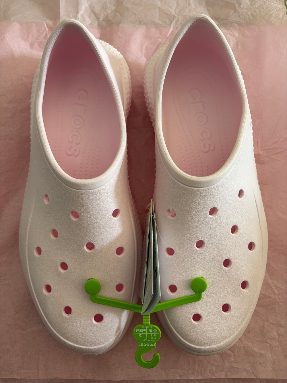 CROCS womensSlip-On Clog in Pink and White with Green Hanger